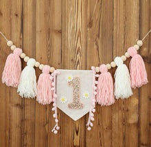 Load image into Gallery viewer, Pink 1st Birthday High Chair Banner | First Birthday Bunting | Baby 1st Birthday Decor | Pink Tassle Bunting | Kids 1st Birthday Decoration