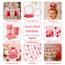 Load image into Gallery viewer, A collage showing a berry first birthday party pack with individual product photos and text labels: tassel bunting, paper plates, a party hat, cups and napkins, table confetti, lunchboxes, bunting, and cupcake toppers. The centre tile reads 'berry first birthday Party pack includes' with the handle @petalsandpampas
