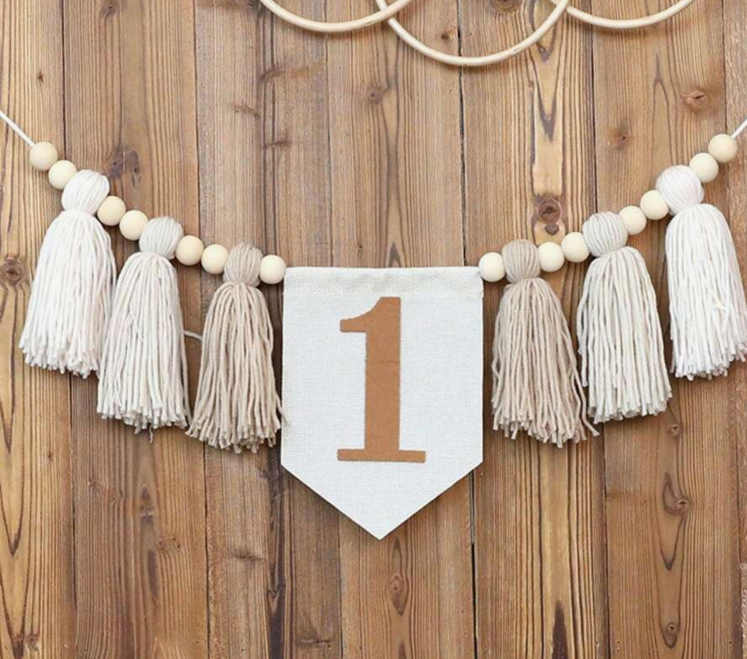 1st Birthday High Chair Banner | First Birthday Bunting | Baby 1st Birthday Decor | Natural Tassle Bunting | Kids 1st Birthday Decoration