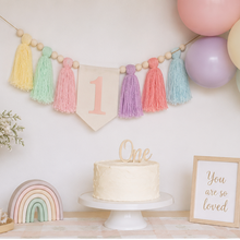 Load image into Gallery viewer, Pastel 1st Birthday High Chair Banner | First Birthday Bunting | Baby 1st Birthday Decor | Pastel Tassle Bunting | Kids 1st Birthday Decoration
